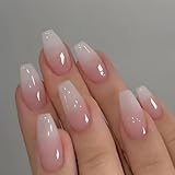 MouyouGlow Press on Nails Kurz,Ballerina Rosa Farbverlauf Weiß Glossy Fake Nails Kunstnägel mit Nagelkleber,Pink White Ombre Künstliche Fingernägel