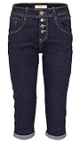 Jewelly Damen Capri Jeans im Crash-Look | Boyfriend Hose und sichtbarer Knopfleiste mit Schmuckknöpfen (XL/42, Dunkelblau)