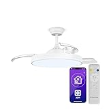 Klarstein AirFold Deckenventilator Mit Beleuchtung – Smart App Steuerung, Einziehbare Flügel, Dimmbares LED-Licht, Fernbedienung, Leise, 107cm, Weiß