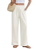 PASUDA Hosen Damen Leinenhose Leicht Sommerhose Weite Elastisch Taille Hose Palazzo Einfarbig Jogginghose Sommer Strandhose Freizeithose Stoffhose mit Tunnelzug und Taschen (Weiß, M)