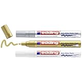 edding 750 Glanzlackmarker - weiß, gold, silber (metallic) - 3er Set Lackmarker - Rundspitze 2-4 mm - Lackstift für Glas, Stein, Holz, Kunststoff und Papier - wasserfest, stark deckend