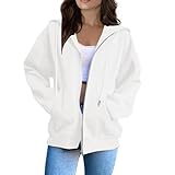 Generisch Winterjacke Damen Wasserdicht,Sweatjacke Damen Mit Kapuze Zipper Hoodie - Oversize Y2K Kapuzenjacke übergangsjacke Langarm Reißverschluss Sportjacke Leichte Casual Sweatshirt Jacke(Weiß,L)