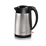 Bosch kabelloser Wasserkocher DesignLine TWK3P420, Ausgießen ohne Spritzer, Tassenanzeige, Überhitzungsschutz, 1,7 L, 2400 W, Edelstahl/schwarz