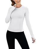 IECCP Sport T-Shirt Damen Langarm Rundhals Oberteile Fitness T Shirts Leicht Atmungsaktiv Laufshirt Yoga Gym Tops Activewear Trainingsshirt Funktionsshirt mit Daumenlöcher Weiß M