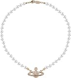 Saturn-Perlenkette für Damen, Perlen-Planet-Halskette, kurze runde Faux-Perlenkette, silberne Saturn-Perlenkette, Saturn-Halskette mit Perlenarmband, Brautperlen-Kugelkette (Weiß + Gold)
