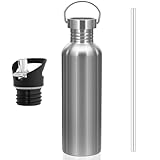 lompyeu Trinkflasche Edelstahl 1L - BPA-Frei Kohlensäure Geeignet, 2 Auswechselbare Kappen Sportflasche, Wiederverwendbare Wasserflasche für Kinder Schule Fitness Outdoor
