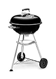 Weber Compact Kettle Holzkohlegrill, Ø 47cm Grillfäche, BBQ Grill mit porzellanemaillierten Deckel & Kessel, Dreibein-Ständer & Räder, verchromter Grillrost - Schwarz (1221004)