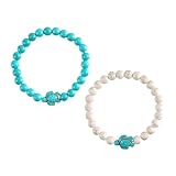 MAJORMENCH 2 Stück Stretch Armbänder mit Schildkröten Perlen aus Türkisfarbenem Naturstein Dehnbares Damen und Mädchen Perlenarmband für Alltag und Party