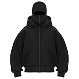 Zhden Balaclava Hoodie Herren Damen Ninja Kapuzenpullover mit Sturmhaube Oversized Mask Jacke mit 1/4 Zip Doppel Kapuze Einfarbig Y2K Hoodie mit Fleece Winddichte Übergangsjacke Motor Fahrrad