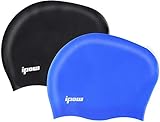 Ipow 2-Stück Hochwertige Silikon Badekappe Bademütze Badehaube für Lange Haare gesund und warm Swim Cap (Schwarz + Blau)