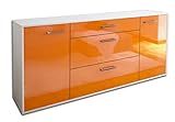 Kommode Sideboard Eleonora, Korpus in Weiss matt, Front im Hochglanz-Design Orange (180x79x35cm), inkl. Metall Griffen, Made in Germany