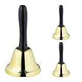 Relaxdays Handglocke 3er Set, lauter Klang, Handklingel Metall, Holzgriff, Lehrerglocke, HxD: 12 x 6,5 cm, gold/schwarz