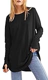 Ebifin Langarmshirt Damen Longshirt Rundhalsausschnitt Langarm Oberteil Shirts Basic Blusen Tunika Tee Tops.Schwarz.M