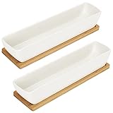 BELLE VOUS Weiße Kleine Blumentöpfe für Sukkulenten mit Bambus-Tablett (2 STK) - L24 x B5,5 x H4 cm - Rechteckige Keramik Übertöpfe für Zimmerpflanzen & Kakteen für Zuhause, Büro & Schreibtisch/Tisch