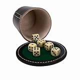 GICO Qualitäts Würfelbecher groß (echt Leder) XL schwarz mit Deckel 12 cm/Würfelteller und 6 Würfeln - 5901