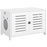 HOOBRO Katzenklo Schrank, Katzenklo aus Holz im Jalousien-Stil drinnen, Niedlicher Katzenkopfförmiger Türeinstieg, 60 x 45 x 50 cm, Weiß EWT60MW01