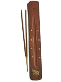 Traditioneller räucherstäbchen halter aus Indien - handgemacht aus Mangoholz | Räucherstäbchenbrenner für Räucherstäbchen bis 25cm | Mit Elefant und goldenen Sternen aus Messing (Elefant)