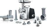 Bosch Fleischwolf MFW68660, Wurstausfatz, Reibe mit 4 Raspeln, 3 Edelstahl Lochscheiben (3, 4,8, 8mm), 2200 W Blockierleistung, 880 W, silber