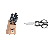 WMF Classic Line Messerblock mit Messerset 6-teilig & Küchenschere 21 cm, Haushaltsschere mit Sägeschliff, Schere Küche, Edelstahl, Kunststoffgriff, Universalschere mit Flaschenöffner