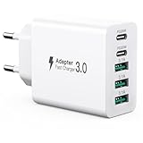 USB C Ladegerät 50W, 5 Ports Mehrfach Stecker mit【2 USB-C und 3 USB-A】, 50W USB-A Netzteil Wand-Ladegerät, Fast Charge PD 3.0 Power Adapter Kompatibel mit iPhone 12/13/14/15/16/Samsung/Handys/Tablets