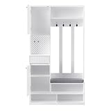Garderobenset, Komplett-Set Flurgarderobe mit Sitzbank, 4 Haken, Türen & Schubladen - Weiß, Kompaktmaße 100×180×35 cm (B×H×T)