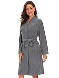 vislivin Leichter Bademantel Damen Frottee Bademantel Sauna Morgenmantel Knielanger Saunamantel Bathrobe Damen Grau M