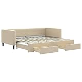 Hommdiy Tagesbett Ausziehbar mit Schubladen Bettsofa Sofa Bett Sofabett Schlafsofa Bettgestell Creme 90x200 cm Stoff Matratze Nicht enthalten