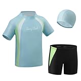 KAKU NANU Jungen-Badeanzug, 3-teilig, 3-11 Jahre, Badehose, Oberhut, Kleinkinder-Badeanzug, kurzärmelig, Rashguard-T-Shirt, Helles Himmelblau, 8-11 Years