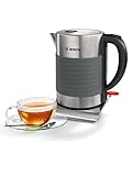 Bosch kabelloser Wasserkocher TWK7S05, Abschaltautomatik, Überhitzungsschutz, Dampfstopp-Automatik, einfache Reinigung, 1,7 L, 2200 W, schwarz/grau
