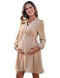 MODISFRAU Damen Umstandskleider Langarm Stillkleid elegant V-Ausschnit Schwangerschaftskleid mit Knöpfen Khaki L