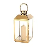 Casa Vivente Laterne aus goldfarbenen Edelstahl, Windlicht für Kerzen, Dekorative Beleuchtung zum Aufhängen oder Aufstellen