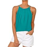 Baumwolle Hängehals Damen Tank Top Plissee Sommer Einfarbig Weste Spaghetti Cami Oberteile Ärmellose Neckholder Top Tanktops Frauen Faltenstruktur Rundhalsausschnitt Shirt Blusen Tops