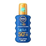 NIVEA SUN Kids Protect & Care LSF 50+ Farbspray (200 ml), Sonnenschutz schützt empfindliche Haut vor Sonnenbrand und langfristigen UV-Schäden, schnell einziehende Sonnenlotion ohne Weißguss