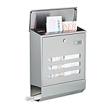 Relaxdays Briefkasten Edelstahl mit Zeitungsfach, Namensschild, HxBxT: 42 x 35 x 12,5 cm, Postkasten, Design, silber
