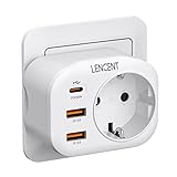 LENCENT USB Steckdose Mehrfachstecker EU Adapter mit 1 PD & 2 QC USB 3,0 Schnellladung Anschlüße, Wand Steckdose Schuko 4000W Stromadapter Stecker für Phone und Haushaltsgeräte