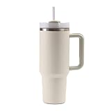 Moollyfox 40 oz Doppelwandiger Edelstahl Vakuum Isolierbecher mit Griff Upgrade Kaffeetasse 1200 ml Becher Tragbare Reisebecher Autobecher Thermobecher mit Strohhalm und Deckel Beige