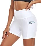 ACTINPUT Radlerhose Damen mit Taschen High Waist Yoga Shorts Kurze Leggings Blickdicht Sporthose Hotpants(Weiß，S)