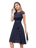 Odizli Cocktailkleid Damen Elegant Kurzarm Spitze Rüschen Chiffonkleid Hochzeitsgast Festlich Hochzeit Kurz Abendkleid Ballkleid Konfirmationskleider Abschlusskleid Jugendweihe Kleider Dunkelblau S