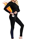 Thermounterwäsche Damen Skiunterwäsche Warm Funktionsunterwäsche mit 2 Taschen, Schnelltrocknend Thermo Unterwäsche 240g/m² Innenvlies Winter Ski Unterwäsche Atmungsaktiv Thermo Set für Sport Schwarz