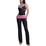 Goafuliy Sexy 2-teiliges Outfit für Damen, Y2K, ärmellos, bauchfreies Tanktop und gerüschte niedrige Taille, umklappbare Yogahosen-Sets, Schwarz Rose Rot, Small