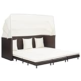 Rantry Ausziehbares 3-Sitzer-Schlafsofa mit Dach Sonnenliege Gartenliege Möbel Gartenbett Sonnenbett Loungebett Doppelliege Liegebett Gartenliege Möbel Gartensofa Gartenbank Rattanmöbel Braun