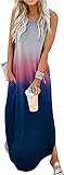 Cuptacc Maxikleid Damen Sommer Sommerkleid Ärmellos Lange Strandkleid Maxikleid mit Taschen Grau Lila Gradient,Mittel M 38-40