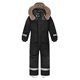 L SERVER Kinder Skianzug Jungen mit Kapuze Winddichte Wasserdichte Schneeoverall Mädchen Warmer Schneeanzug Dickere Skioverall mit Reflektierenden Streifen, Schwarz, 152-158