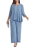 Hanna Nikole Damen Hosenanzug Große Größen 3 Teilig Abendanzug Sets Chiffon Shirt Und Hohe Taille Hosenanzug Elegant Outfit Cocktail Party Festlich Hosenanzug Grau Blau 46