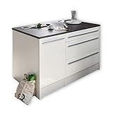 JAZZ Moderne Kücheninsel mit Arbeitsplatte freistehend in Weiß Hochglanz, Steingrau - Geräumiger Küchenschrank - 145 x 90 x 90 cm (B/H/T)