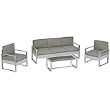 Outsunny 4-TLG. Gartenmöbel Gartensofa Set Garten-Lounge-Set mit Rückenlehne und Armlehne Metalldrehverfahren Garten Garnitur Sitzgruppe Poly Rattan grau Polyester Schaumstoff gehärtetes Glas