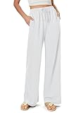 Glacspyg Damen Hosen Flowy Wide Leg Freizeithose Casual Beach Strandhose High Waisted Kordelzug Palazzo Hosen mit Taschen Weiß L