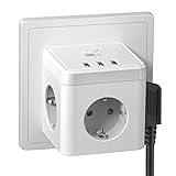 Steckdosenwürfel, Steckdosenwürfel ohne Kabel, 6 in 1 Steckdosenadapter, Steckdosenwürfel mit 3 USB mit Schalter, 3 Fach Mehrfachsteckdose ohne Kabel, Mehrfachstecker ohne Kabel - Weiß