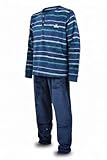 OZABI Herren-Schlafanzug aus Fleece, ultraweich, Winter, warm, 2-teilig, gestreiftes Oberteil mit Knopfleiste & Stickerei 'Adventure' + einfarbig, elastischer Bund, J2565 Marine, L