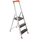 SONGMICS Leiter mit 3 Stufen, Aluleiter, 12 cm breite Stufen mit Riffelung, Anti-Rutsch-Füße, mit Handlauf, Werkzeugschale, bis 150 kg belastbar, schwarz-orange GLT03BK